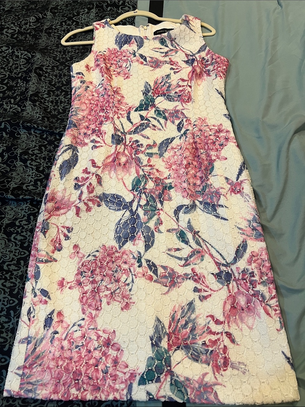 Ivanka Trump White Midi Dress with Pink & Blue Floral Print